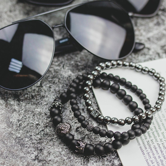 BRANSOLETKI MĘSKIE koraliki CZARNE lew zestaw