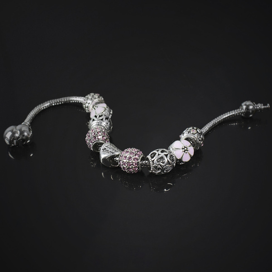 Bransoletka damska SREBRNA modułowa RÓŻ CHARMS