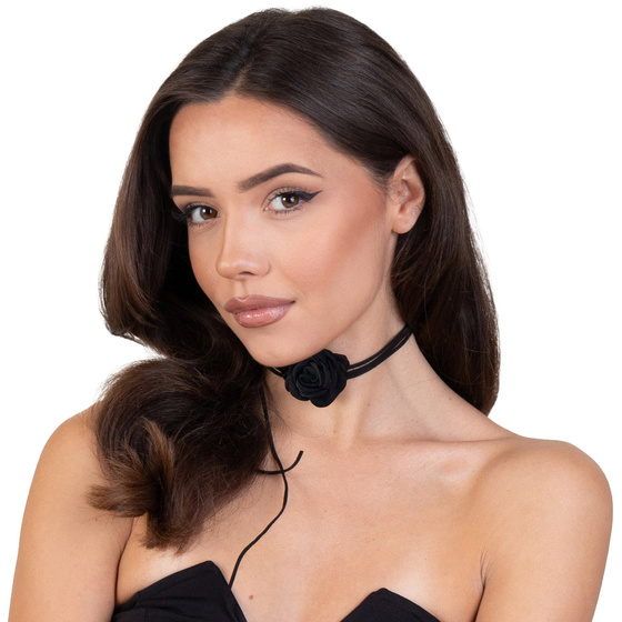 CHOKER Naszyjnik ozdobny KWIAT na szyję róża na rzemyku elegancki czarny
