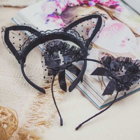 OPASKA DO WŁOSÓW kocie USZY koronka czarna PANIEŃSKI kokardki