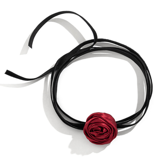 Naszyjnik CHOKER ozdobny KWIAT na szyję RÓŻA na wstążce DELIKATNY CZERWONY