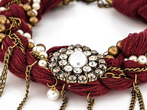 KOLIA PLECIONA bordowa DUŻE KRYSZTAŁY koraliki