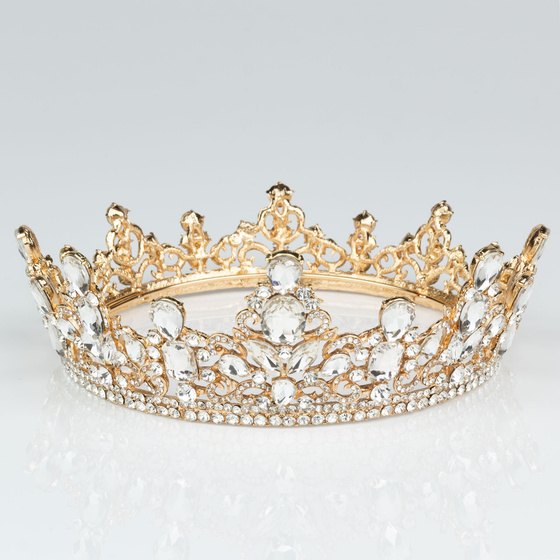 KORONA Diadem Tiara MISS GLOW ŚLUBNA ZŁOTA cyrkonie KRYSZTAŁY