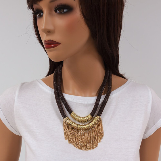 NASZYJNIK podwójny BRĄZOWY łańcuszki ZŁOTE KÓŁKA