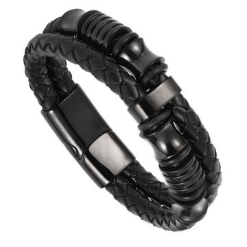 Bransoletka CZARNA STAL SZLACHETNA 316L SKÓRA