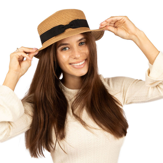 KAPELUSZ pleciony KANOTIER (boater) damski SŁOMKOWY małe rondo LATO KOKARDA